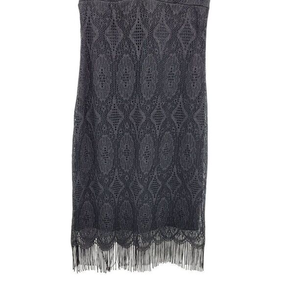 80s Necessary Objects Flapper Dress S Black Midi Lace Overlay Scallop Fringe Hem - Picture 5 of 10